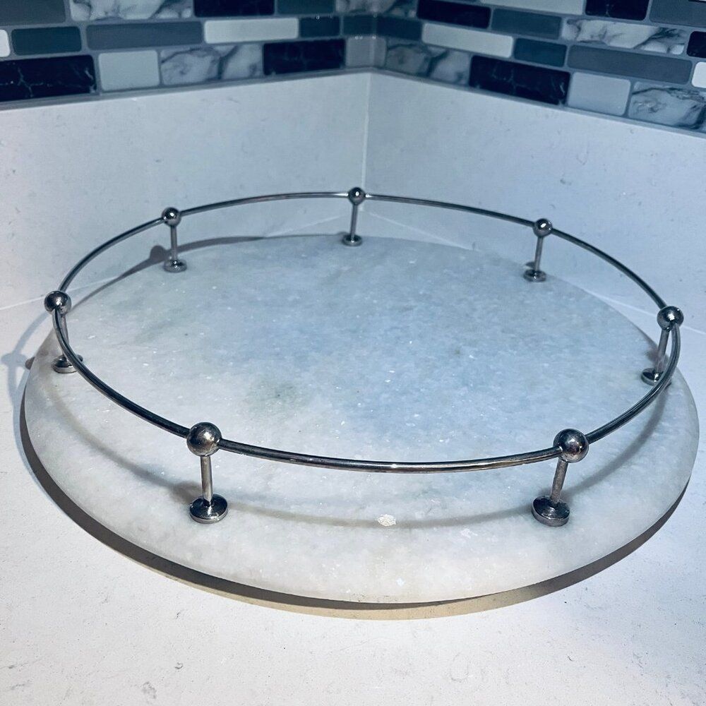 Pottery Barn “Lazy Susan” Turntable Tray 18” Carrara Marble Cake Cheese Server